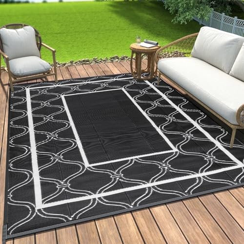 OIGAE Outdoor Rug - 150X240CM Black Rugs Weather & UV Resistant Reversible Carpet Area Rugs for Camping Deck Beach Picnic Backyard Garden Carpet Mats