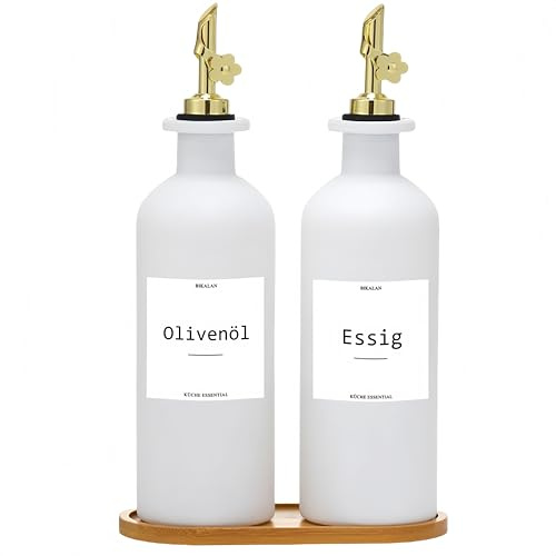 BIKALAN Essig und Ölflaschen Set, 500ml x 2 Ölflasche, Olivenöl Flasche Set, Ölspender, Automatisches Öffnen und Schließen Olivenöl Flasche, mit 22 Aufkleber, Trichter