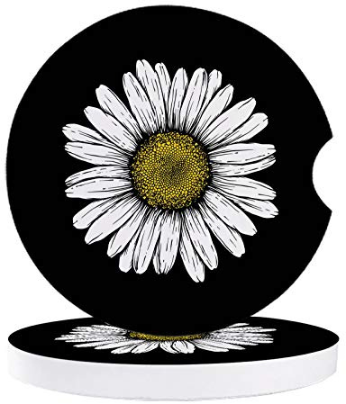 Vibiliyou Confezione da 2 sottobicchieri in ceramica per auto, progettati per adattarsi alla maggior parte dei portabicchieri dell'auto e un'illustrazione floreale di margherite bianche e gialle su
