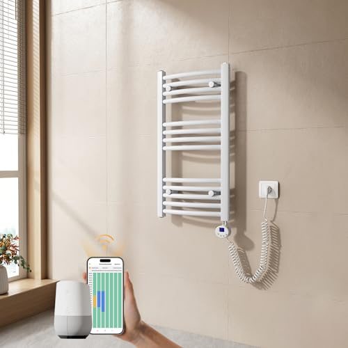 EMKE Sèche-Serviette électrique pour Salle de Bain 75 x 40 cm, Radiateur courbé avec WiFi Thermostat, Chauffe-Serviettes électrique,Support Porte-Serviettes électrique, Blanc,250 Watts