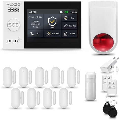 HUXGO® HXA007 Allarme casa senza fili WiFi + GSM con wireless Sirena | Kit allarme con 1x rilevatore di movimento, 9x sensori per porte e finestre, telecomando | Compatibile con TUYA