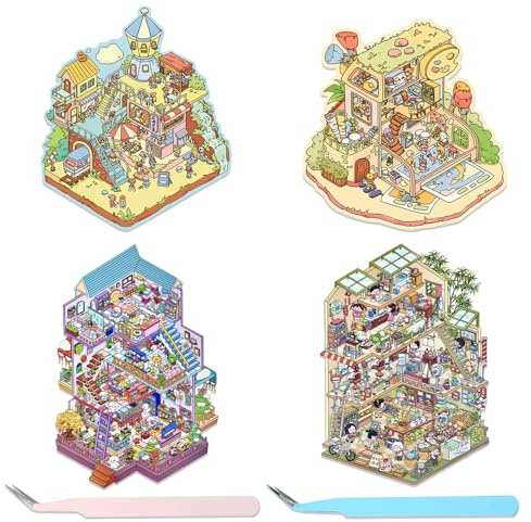 TYXHXTF 4 Sets 3D House Stickers, Vergnügungspark Sticker 3D, 3D Sticker Scene, Haus Aufkleber Machen Sie Ihren Eigenen, Relief Stress für Erwachsene und Kinder