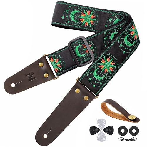 Nefelibata Gitarrengurt, Sonne & Mond Stickerei Gitarrengurte mit Kopf Rindsleder Enden für Bass, elektrische & akustische Gitarren, Gratis Gurtknopf, 1 Paar Gurtschlösser und 4 Gitarrenplektren