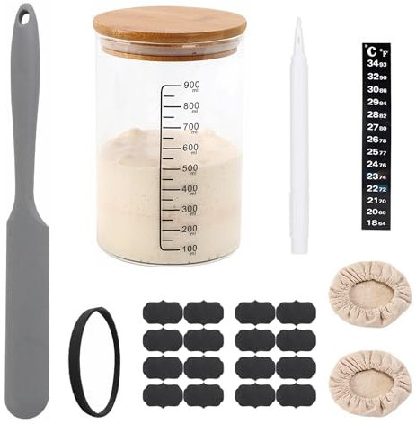 Barattolo per Lievito Madre Kit, 900ML Starter Kit di Lievito, Contenitore Lievito Madre di Vetro con elastico, carta termometro, spatola in silicone, cappello di stoffa, etichetta
