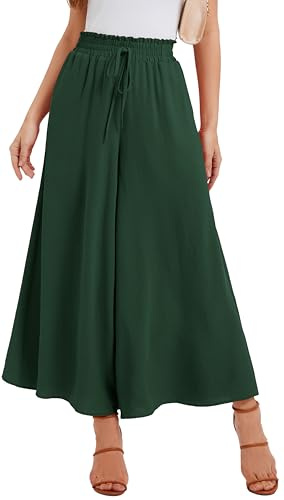 WUWUSKY Sommerhose Damen Leicht Lässige Palazzo Hose Elegant High Waist Baggy Freizeithose mit 2 Taschen,Dunkelgrün,M
