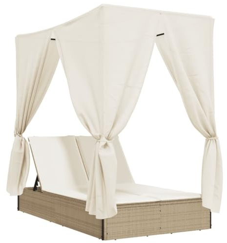 Emmtore Sonnenliege, Doppelliege mit Dach Vorhängen, Gartenliege Verstellbare Rückenlehne, Relaxliege Liege Gartenmöbel,Poly Rattan Sonnenliege,Beige und Creme