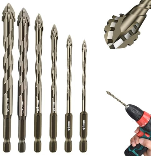 Four Flute Sawtooth Eccentric Drill Bit, Four Edged Serrated Wood Drill Bits 1/4 Hex Shank High Strength Carbide Tip Tile Drill Bit Sets, 4/5/6/8/10/12mm (4/5/6/8/10/12mm)