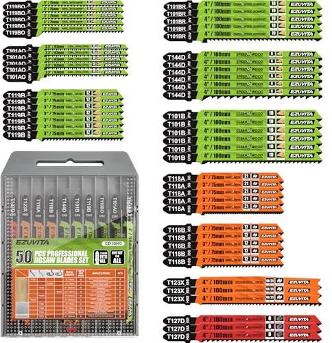 EZUVITA Lot de 50 Lames de Scie Sauteuse avec Étui de Rangement en Acier CR-V et HSS, Assortiment de Lames de Scie Sauteuse avec Tige en T pour Couper le Bois, le Plastique et le Métal