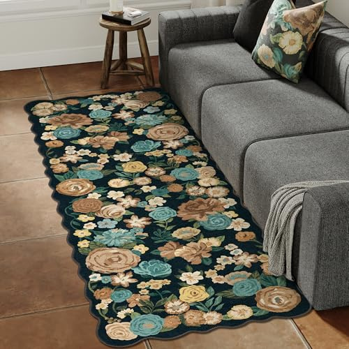HUGEAR Svart köksmatta 60 x 180 cm mattor korridor löpare sängmatta halkfri tvättbar modern lång rektangulär blommönster kort lugg rug