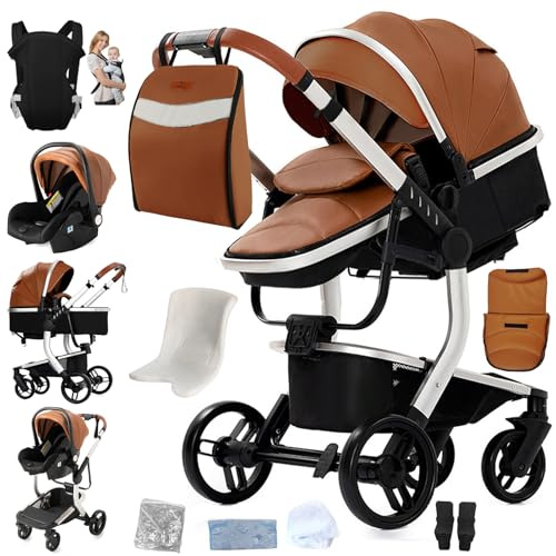 Magic ZC PU-Leder Kinderwagen 3 in 1, Buggy mit Umkehrbarem Zwei-Wege-Schub, Kombikinderwagen Faltbarem Tragbarem One-Click-Design, Kinderwagen 3 in 1 Komplettset mit Zubehör (L518 Khaki)