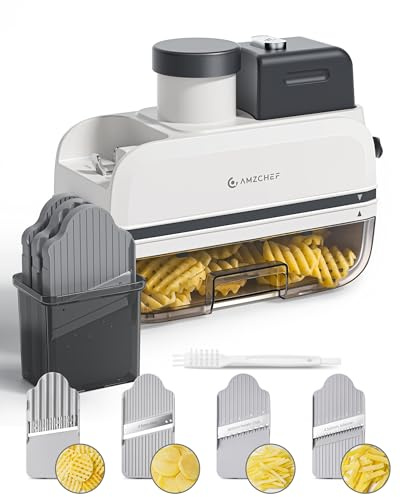 AMZCHEF AMZCHEF Elektrischer Kartoffelschneider – Multischneider für Pommes, Scheiben & Wellen