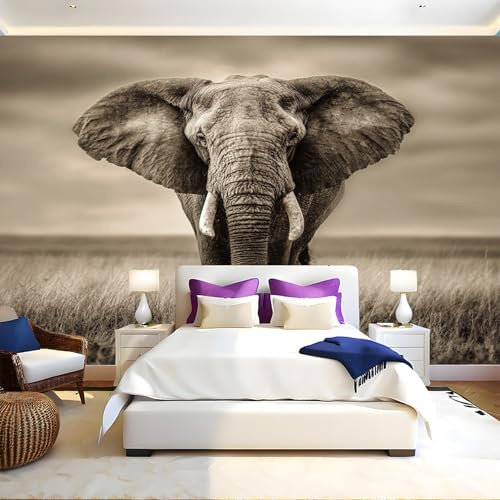 Prairies Africaines Papier Peint Panoramique Éléphant animal 3D Trompe L'oeil Moderne Papier Peint 250 x 175 cm Grandes Murales Poster pour Salon, Adulte Chambre d'enfants, Étude Décor