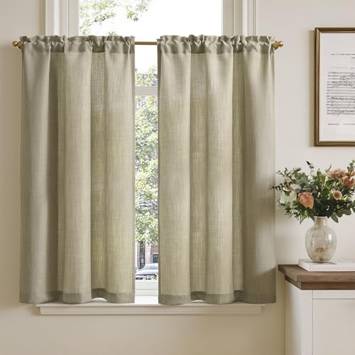 TOPICK Skivgardin bistrogardin set om 2 stycken 115 x 65 B cm beige fönstergardin kök linneutseende fönstergardin modern gasväv halsdukar fönstergardiner ljusgenomsläpplig vardagsrum lantlig stil
