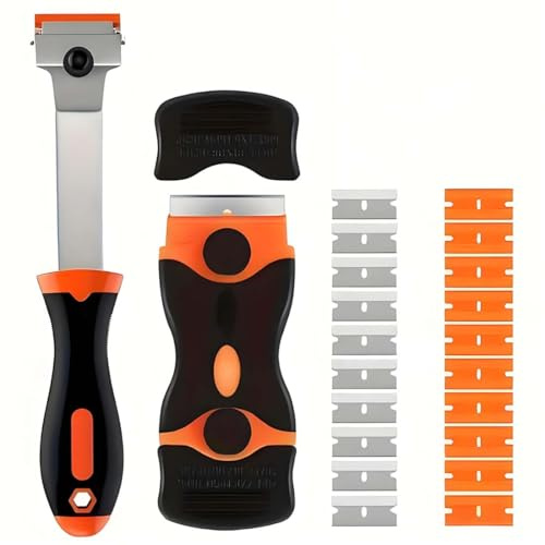 ZENQARI 1 Set Raschietto Vetroceramica, Doppio Raschietto Multifunzionale con 20 Lame di Ricambio in Metallo/Plastica, Attrezzo per Rimozione Colla e Pulizia per Vetro e Piastrelle, Ideale (Arancione)