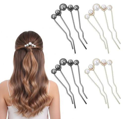 Shimmeroo 4PCS Pearl Hair Pins for Buns,U Shaped French Hair Pins for Women Wedding Brides Bridesmaid Party Holiday Daily(Gold,Black)