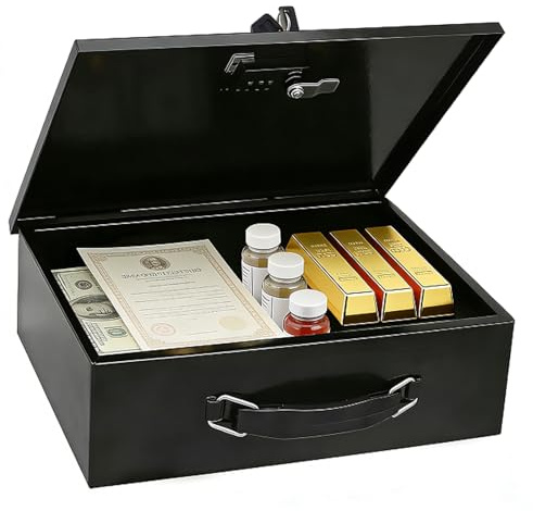 Tragbarer Feuerfeste Dokumentenbox mit Schlüssel und Zahlencode, Tresore für Zuhause mit Griff, Feuerfester Tresor für Wertgegenstände Medikamente Dokumente - 33.5 x 28 x 10.5cm