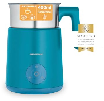 Severin Induktions-Milchaufschäumer, 400ml, Heiß- und Kaltschaumbereiter, elektrisch, 3 Programme, Schokoladen-Funktion, spülmaschinenfest, vegane Milch, 500W, blau, Spuma Lite, SM 3596