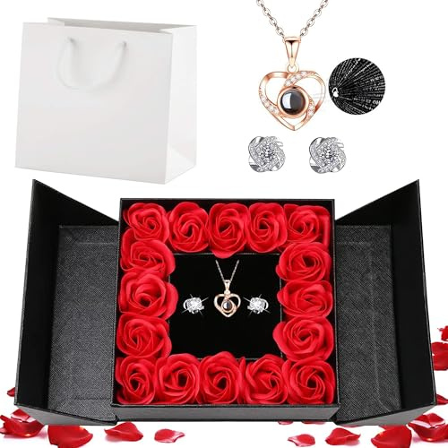 Wieerda Gifts for Women, Preserved Eternal Rose Gift Box with 100 Language Love You Necklace and Earring for Her, Artificial Rose Box for Women Girls for Birthday, Valentines Day, Christmas
