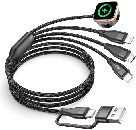 4 in 2 Braided 60W Multi Charger Cable for Apple Watch Charger and iPhone | USB C iWatch Charger Cable with iWatch/Micro/Type C/Lightning for Apple Watch 11/10/9/8/7/SE,iPhone 17/16/15/14,iPad,Samsung