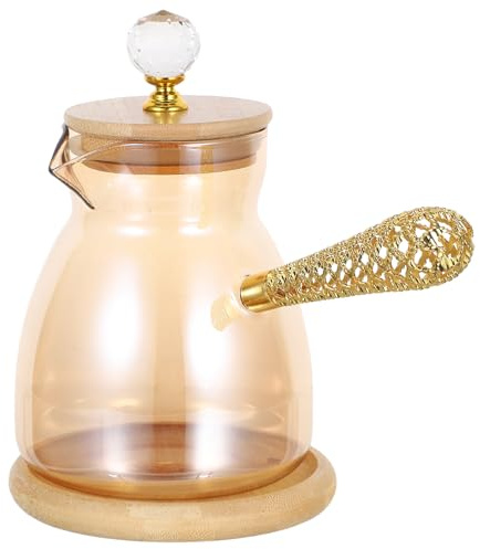 HONITANO Cafetière Turque Cezve 550 Ml en Verre Doré avec Poignée Latérale Résistante la Chaleur, Petite Théière Décorative pour Infusion de Café Turc et Thé en Vrac, Carafe à Usage