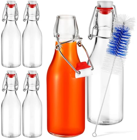 COLLBATH Botellas de Vidrio Transparentes 250 Ml 6 Unidades con Tapa Abatible Antifugas y Cepillo para Limpiar, Botellas Domésticas Ideales para Almacenar Jugos, Cerveza y Bebidas Frías,