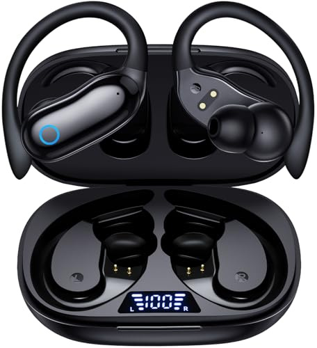 GNMN Active Noise Cancelling Ear Buds Wireless Earbuds 96hrs Playback Bluetooth Headphones Dual Battery Display Stereo Bass Earphones with Earhooks Microphone IPX7 Waterproof for Sports/Workout