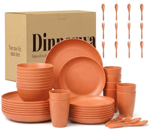 Wrova Reusable Plastic Cutlery Set 48-Piece Unbreakable Dinner Set of 8 | Unbreakable Plates and Bowls Set, Reusable Dinner Set for Kitchen, Microwave & Dishwasher Safe - Orange