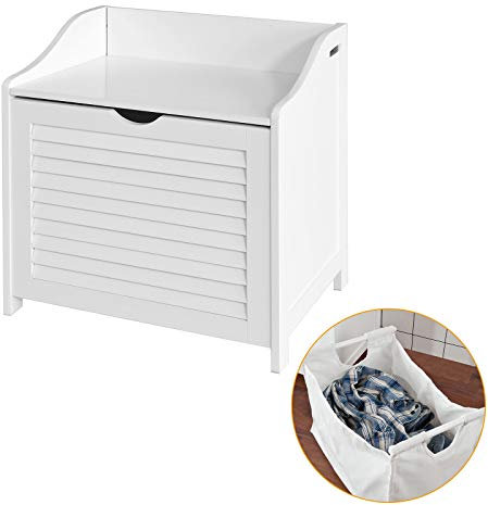 SoBuy Panier à Linge Banc de Rangement Entrée avec Sac Amovible et Assise - Banc de Rangement Bois MDF pour Meuble d'Entrée, Salle de Bain, Chambre - Blanc 50x35x53cm FSR40-W