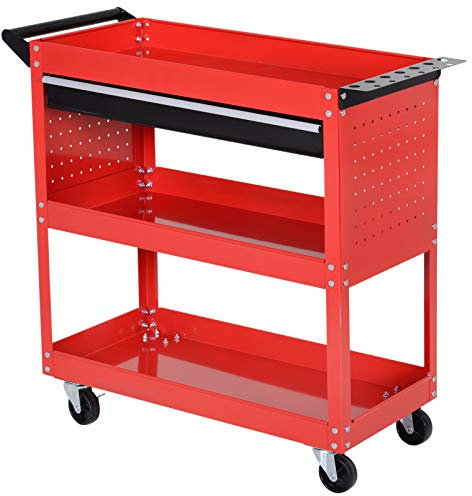 DURHAND 3-Tier Tool Trolley Cart Storage Shelf Roller Cabinet DIY Box Garage Workshop with Drawer Red