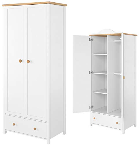 Furniture24 Kleiderschrank LSTORY SO12 Schrank Mädchenzimmer Drehtürenschrank 2 Türiger mit 2 Kleiderstangen 3 Einlegeboden und Schubkästen Weiß/Nash Eiche