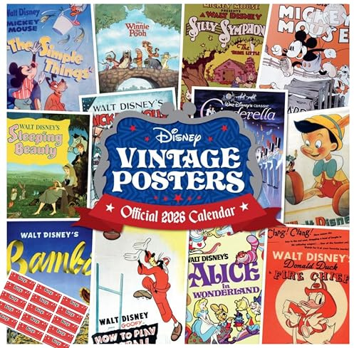 Disney Vintage Posters Calendar 2026 Square Calendar Gift Present with Free Organising Stickers, 305x305mm
