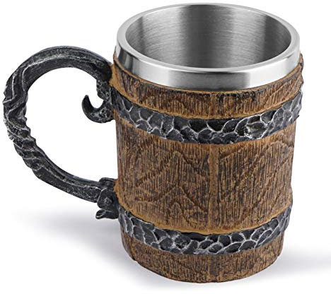 Yusheng Jarra de cerveza de acero inoxidable de imitación de madera, 450 ml, para té, café, cerveza, leche, soda, dink, taza de vikingo, para bar, restaurante, decoración del hogar