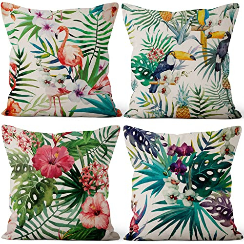 Aoihrraan Fundas de Cojín Pack de 4, 51x51cm Verano Hawaiano Flamenco Palmera Sale De Lanzar Cubiertas Cuadrado Almohada Caso, Lino Lanzar Fundas De Almohada con Cremallera Invisible por Sofá Coche