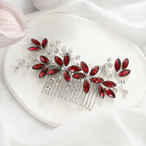 Casdre Kristall Braut Hochzeit Haarkamm Silberblatt Braut Haarschmuck Strass Party Abschlussball Haarteil für Frauen und Mädchen (E Rot)