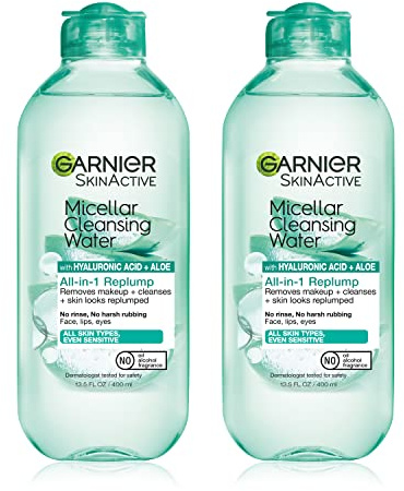 Garnier SkinActive Micellar Water with Hyaluronic Acid, Facial Cleanser & Makeup Remover, 13.5 Fl Oz (400mL), 2 Count (Packaging May Vary)