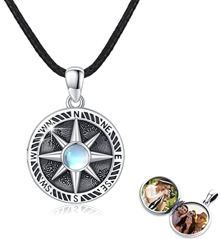 REDSUN Medaglione a bussola in argento Sterling 925, con pietra di luna, con nodo celtico, medaglione con foto e bussola, gioielli per uomo, figlio, ragazzo, donna, Argento sterling, Pietra di luna