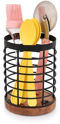 EDHAS Black Iron Kitchen Utensil Holder with Acacia Wooden Base Round Flatware Storage for Countertop (11.43cm x 11.43cm x 15.24cm)