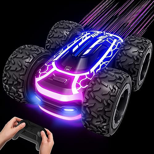 Tecnock Remote Control Cars, 2.4GHz Double Sided RC Stunt Car with LED Lights, 360° Flips Rotating 4WD RC Car, Indoor & Outdoor Toys Gifts for Boys Kids Girls Age 3+