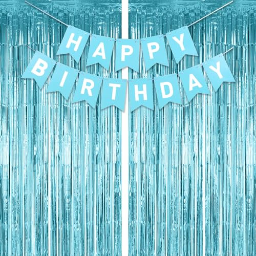 Blaue Geburtstagsparty-Dekorationen, 2 Stück Lametta-Folienvorhänge, Türschlangen, Party-Hintergrund, hellblau-weiß, Happy Birthday-Banner, Wimpelkette mit Folien-Fransenvorhang für