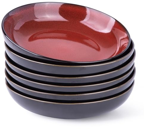 LERATIO Pasta Bowls,Ceramic 38oz Pasta Bowls,9.0 Reactive Glaze Pasta Bowl Set of 6,Microwave & Dishwasher,Oven Safe,Large Wide Serving Bowls for Salad, Dessert,Pizza,Fruit -Red
