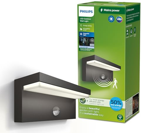 Philips Bustan UltraEfficient utomhusvägglampa, 3,8 W, 4000K kallvitt ljus, antracit, rörelsesensor, IP44 väderbeständig