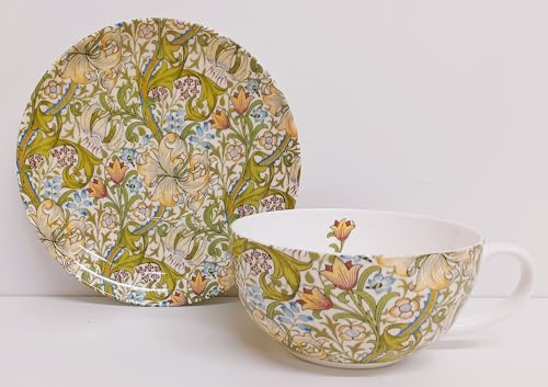 Rainbow Decors William Morris Golden Lily Tasse et soucoupe en porcelaine fine 300 ml Motif fleurs de lys sans couture Style Art nouveau Cappuccino décoré à la main
