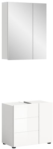 xonox.home Badezimmer Vira X2LA9B12 2tlg. Badezimmerkombination Set mittel in Front weiß Hochglanz Tiefzieh Korpus weiß Melamin inkl. Beleuchtung