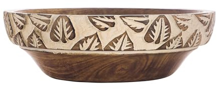 Divit Shilp Bandeja de madera natural, cuenco para servir ensalada, verduras y frutas, bandeja grande y profunda para la familia, fiesta. (Bowl with Leaf Carving)