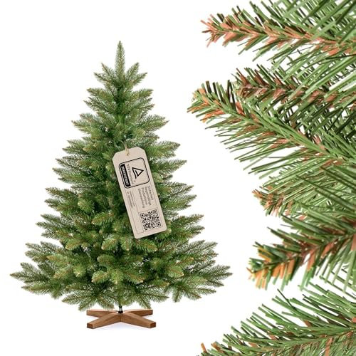 FairyTrees Sapin de Noël Artificiel 120cm NORDMANN | Arbre de Noël avec Support en Bois | Sapin avec Tronc Vert | Made in EU