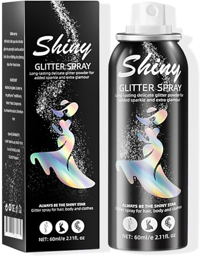 Ragkun Body Glitter, Body Glitter Spray, Glitter Spray for Hair and Body, Long-Lasting and Quick-Drying Silver Glitter Hairspray Suitable for Stage, Festival Rave and Makeup Prom (2.11 Fl Oz)