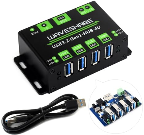 Waveshare 4-Ch USB 3.2 Gen1 HUB, Compatible with Windows, macOS, Linux and Android, Metal Case with Wall-Mount Support, Driver-Free, Plug-and-Play