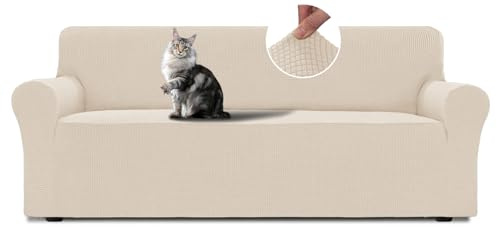 BellaHills Sofa Überzug 3 Sitzer (215-250cm) Sofabezug Stretch Kratzschutz Sofa Katze Mit Armlehne Sofaschoner rutschfest Sofa Cover Sofaüberwurf Couchbezug Wohnzimmer Natur