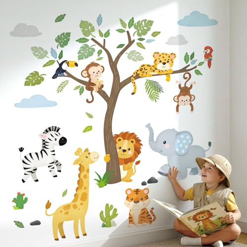 DECOWALL Safari Jungle Animals Tree Wall Stickers Decals (SG2-2418) | Elephant, giraffe, lion, zebra and monkeys with a leafy tree; peel and stick removable décor for nursery or playroom