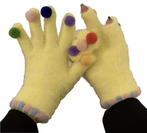 JSGHGDF Winter-Strickhandschuhe für Damen und Mädchen, Touchscreen, Text-Handschuhe, Outdoor, warme Handschuhe, niedliche Plüschhandschuhe, gelb, As detailed discription